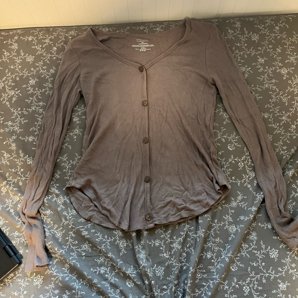 Brown long sleeve slim fit waffle texture